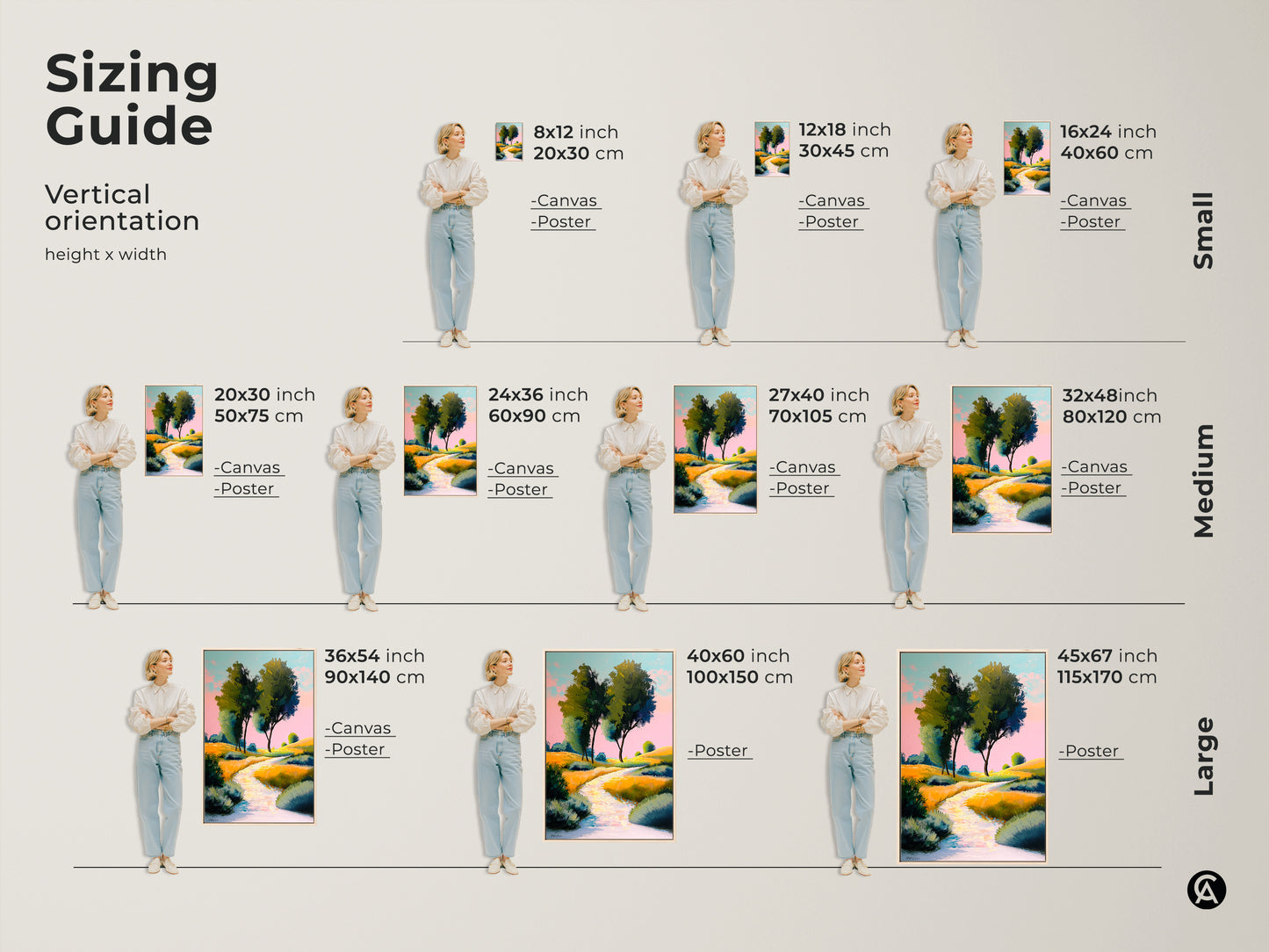 Sizing guide shows the vertical orientation of yellow green rolling hills artwork. Available as canvas and poster in various sizes. This artistic landscape painting fits perfectly from small 8x12 to large 45x67 sizes. Find the perfect fit!