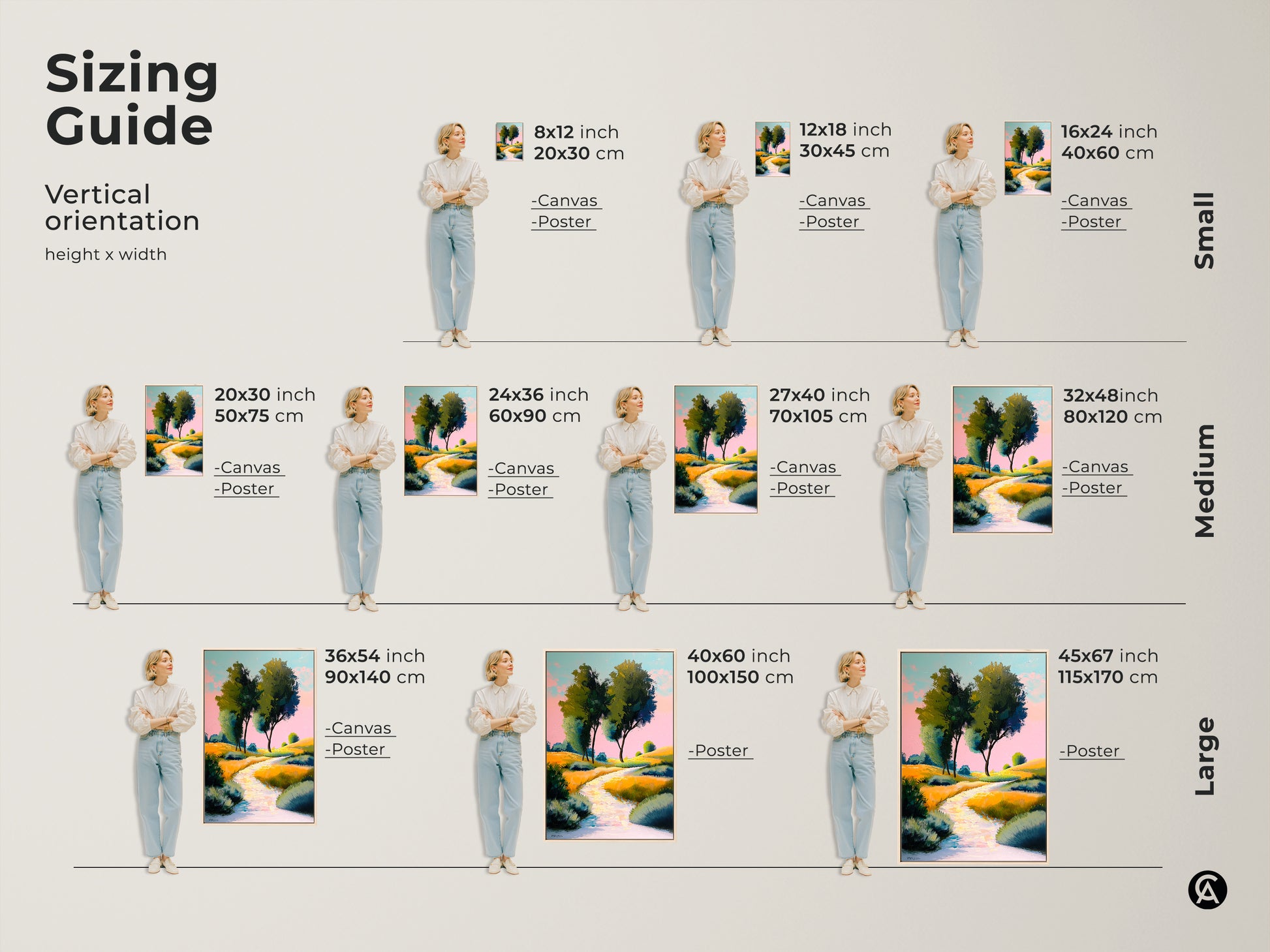 Sizing guide shows the vertical orientation of yellow green rolling hills artwork. Available as canvas and poster in various sizes. This artistic landscape painting fits perfectly from small 8x12 to large 45x67 sizes. Find the perfect fit!