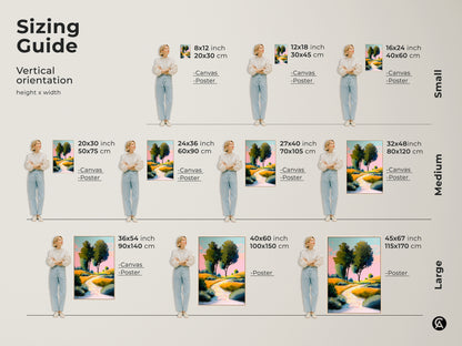 Sizing guide shows the vertical orientation of yellow green rolling hills artwork. Available as canvas and poster in various sizes. This artistic landscape painting fits perfectly from small 8x12 to large 45x67 sizes. Find the perfect fit!