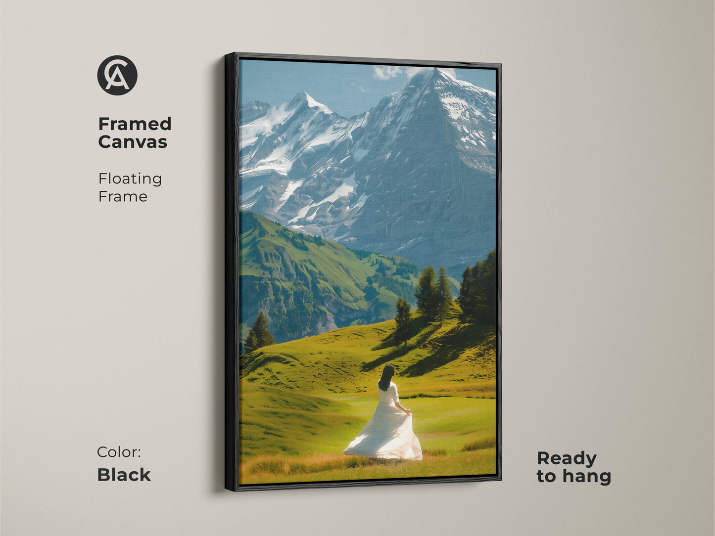 Framed canvas featuring a mountain landscape with snowy peaks. A woman in a white dress graces the scene. The floating frame adds a contemporary touch. Ready to hang this black-framed artwork complements any room. Enhance your decor with this ethereal nature wall hanging.