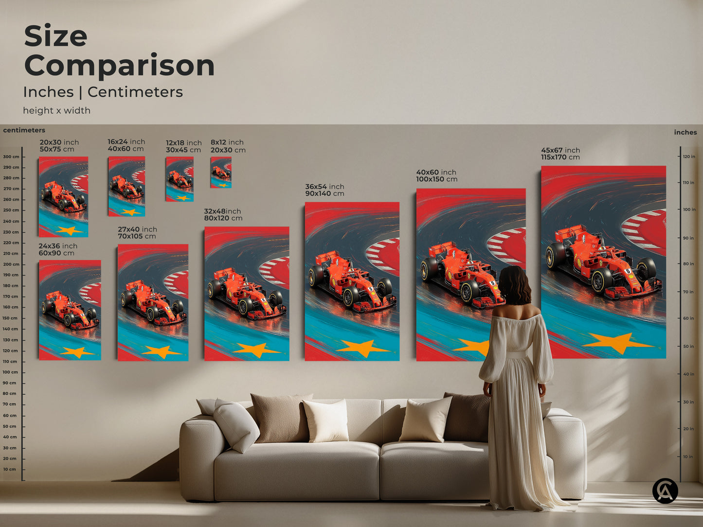 Size comparison showcasing the red F1 car art in inches and centimeters. Various dimensions on canvas and poster. Perfect for any sports car canvas print. Illustrative car art that enhances any modern interior making it a memorable gift for car lovers.