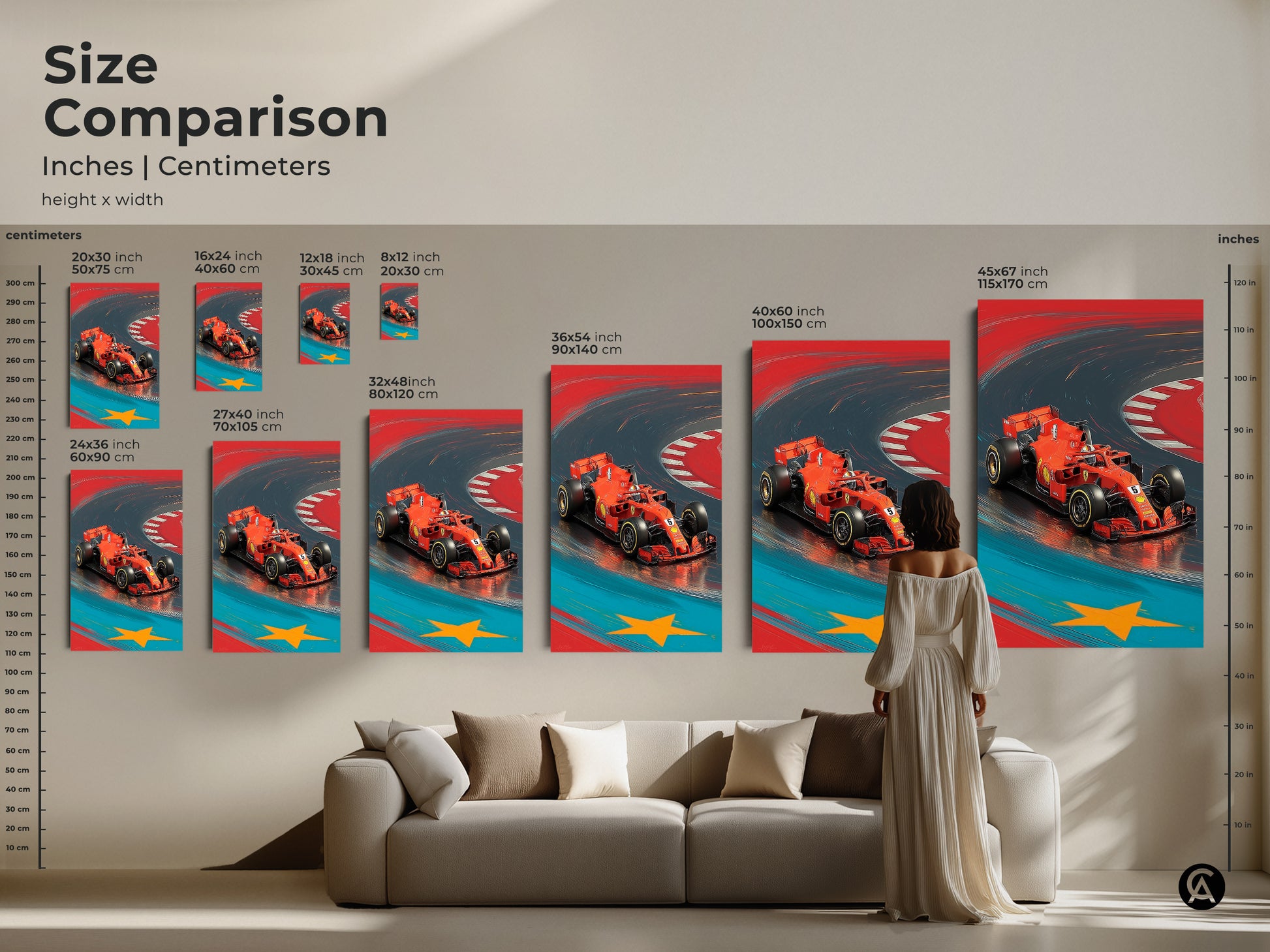 Size comparison showcasing the red F1 car art in inches and centimeters. Various dimensions on canvas and poster. Perfect for any sports car canvas print. Illustrative car art that enhances any modern interior making it a memorable gift for car lovers.