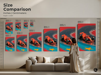 Size comparison showcasing the red F1 car art in inches and centimeters. Various dimensions on canvas and poster. Perfect for any sports car canvas print. Illustrative car art that enhances any modern interior making it a memorable gift for car lovers.