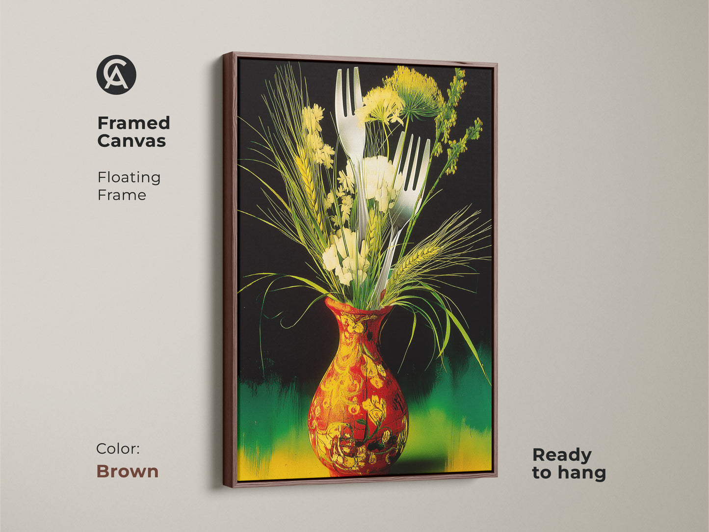 A brown framed canvas displays a colorful vase artwork. This features cutlery and botanical elements. The red and yellow vase art adds charm to any space. Its an ideal art for food lovers and vibrant still life enthusiasts.