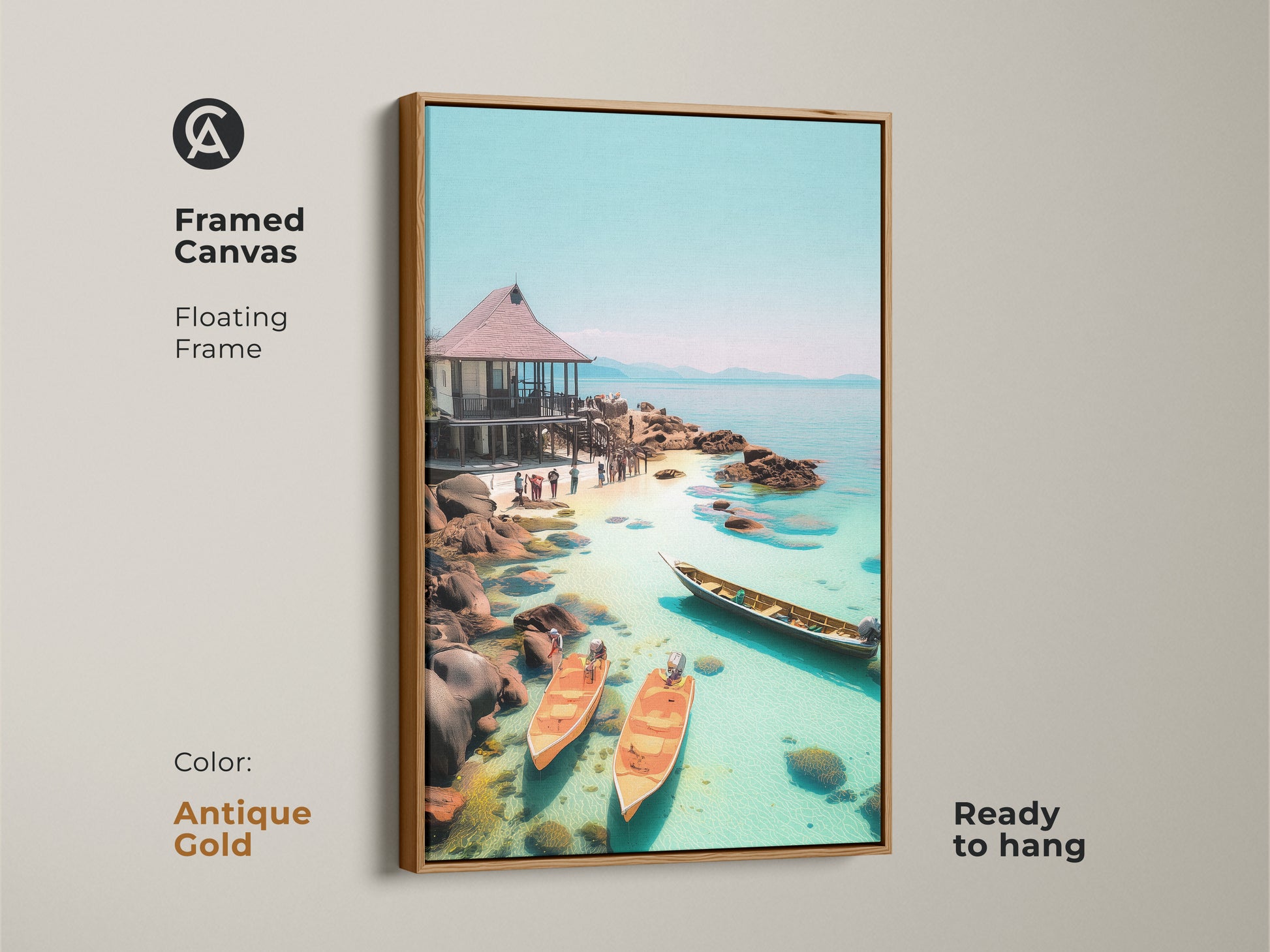 Antique gold framed canvas art depicting a tropical beach scene. This coastal wall art features an aqua blue landscape with a seaside hut and boats. Ready to hang this scenic print brings coastal serenity to any room. Ideal for travel enthusiasts and beach decor.