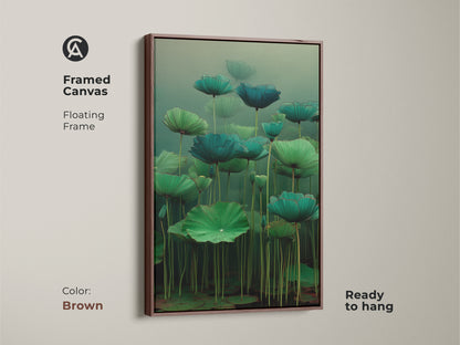 Framed canvas of Emerald Zen Ink Lotus Wall Art in brown. This teal water lily art features a floating frame. It's ready to hang. The zen ink botanical print adds a minimalist touch. This Japandi style wall decor is serene.