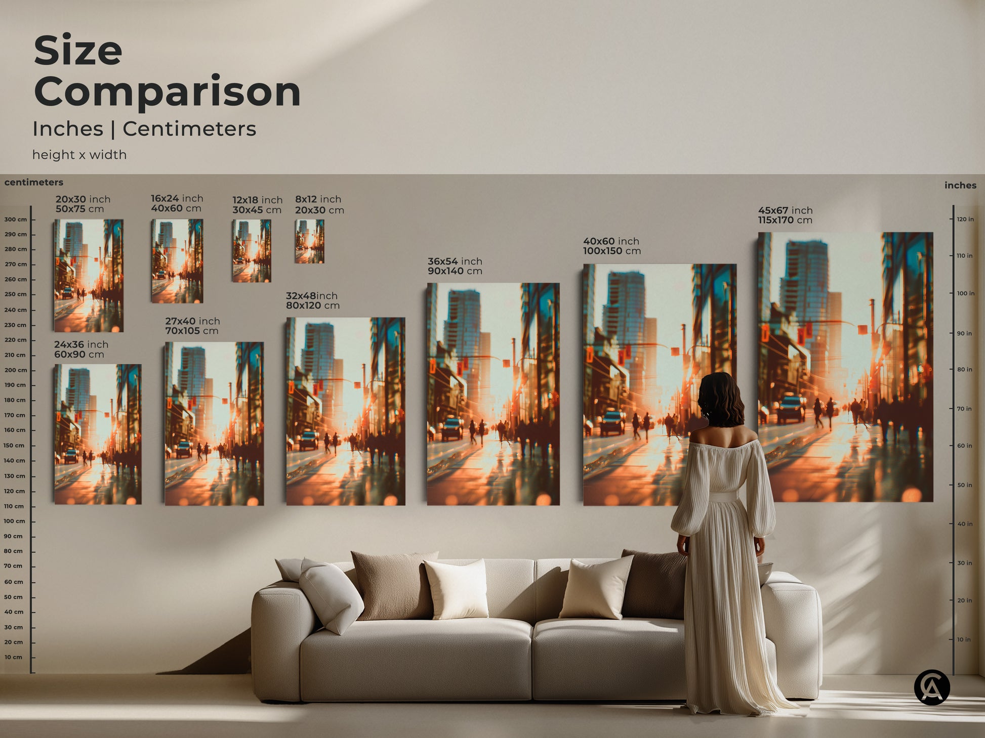 Size comparison of cityscape artwork in inches and centimeters. Visualize how different sizes look above a sofa. Choose from canvas or poster prints to match your decor. Perfect sizes for any room.