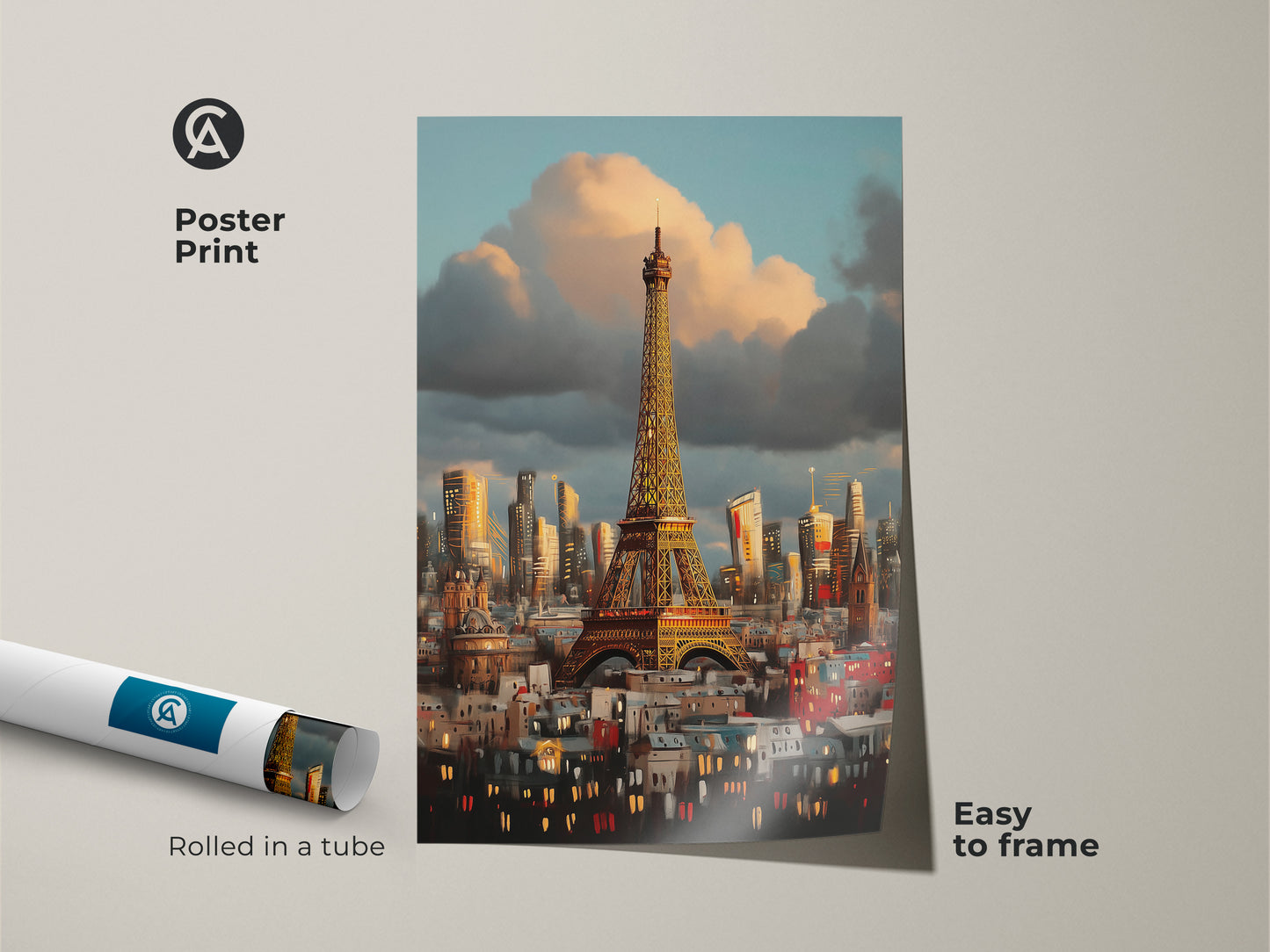 A poster print of the Eiffel Tower art. Rolled in a tube and easy to frame. Features an Impressionist Paris skyline in blue orange and golden yellow. Ideal for travel lovers and Francophiles.