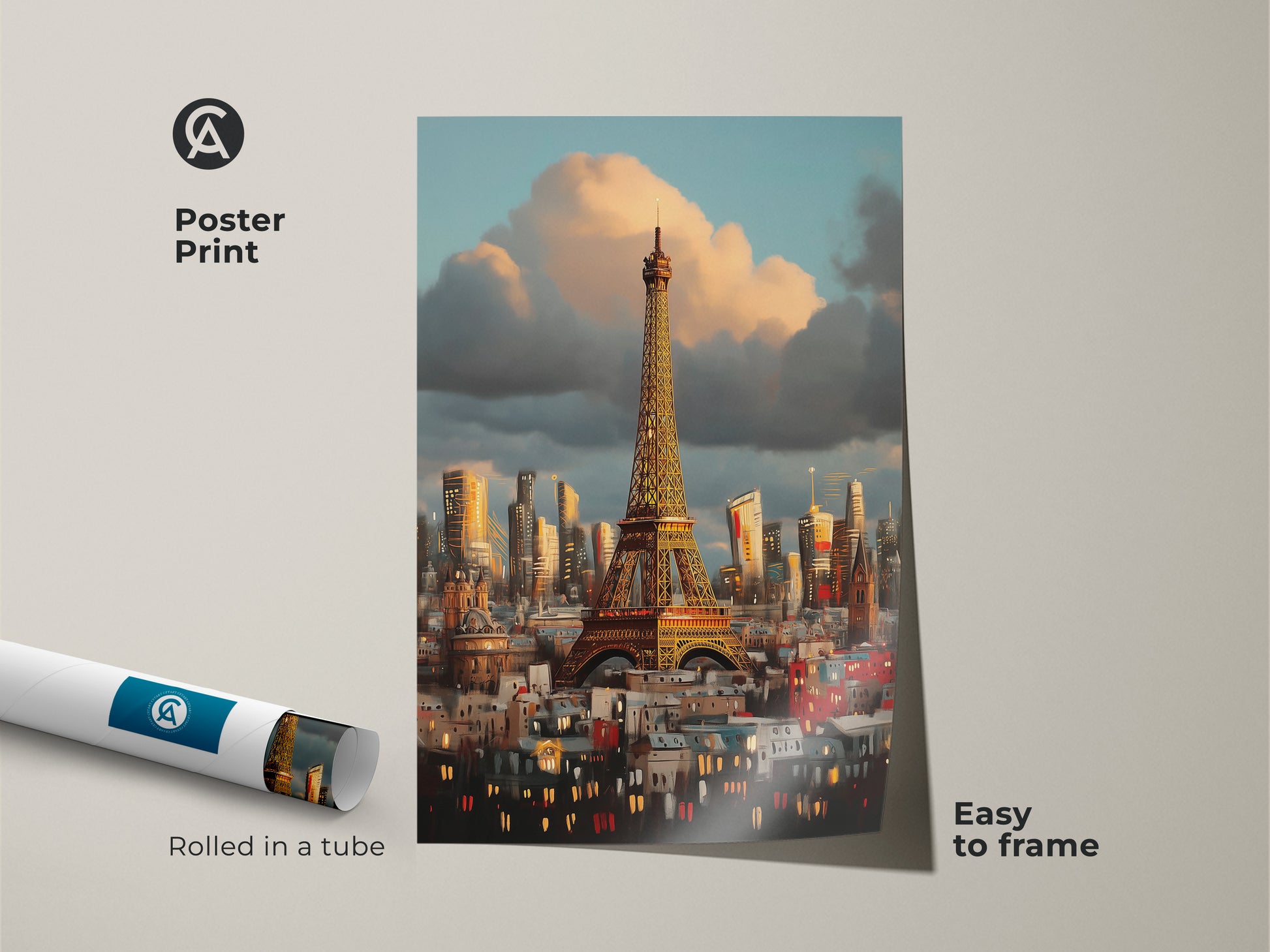 A poster print of the Eiffel Tower art. Rolled in a tube and easy to frame. Features an Impressionist Paris skyline in blue orange and golden yellow. Ideal for travel lovers and Francophiles.