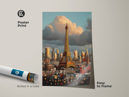 A poster print of the Eiffel Tower art. Rolled in a tube and easy to frame. Features an Impressionist Paris skyline in blue orange and golden yellow. Ideal for travel lovers and Francophiles.