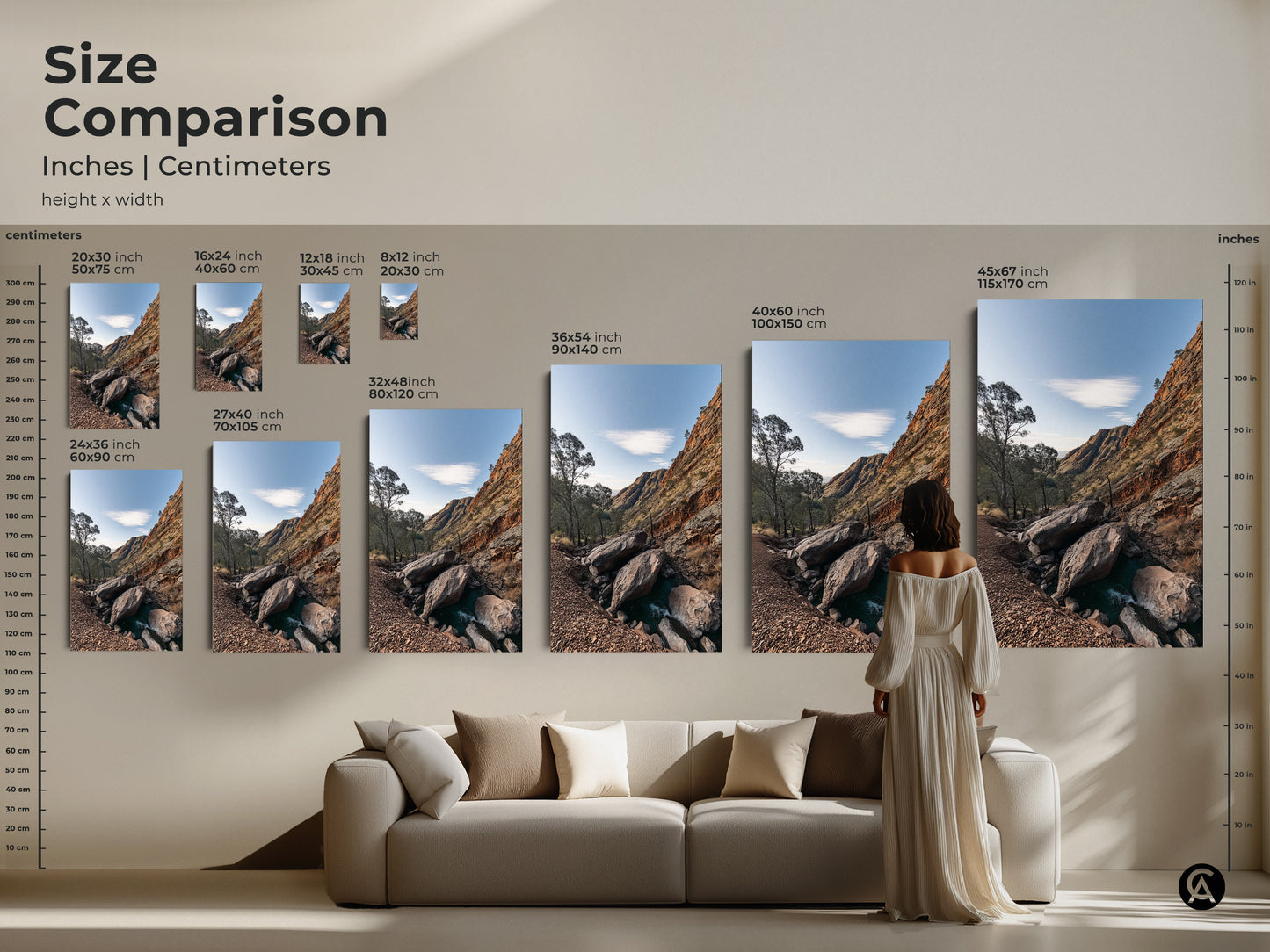 Size comparison of Rocky Mountain art prints in inches and centimeters. See how various sizes fit above a sofa. This sky blue nature photography of gnarled trees is ideal for home decor. It makes a thoughtful gift for hikers and outdoor enthusiasts.