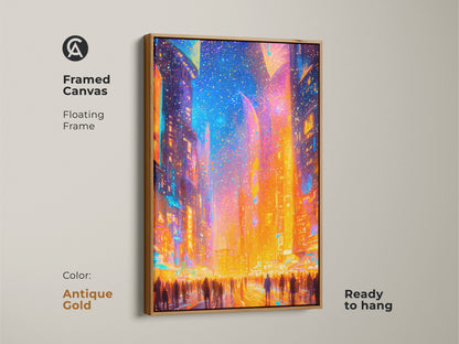 Framed canvas artwork in an antique gold floating frame. The art features a bright cityscape with a crowd. This ready to hang art print adds a touch of luxury to your home. The antique gold frame makes the artwork stand out.