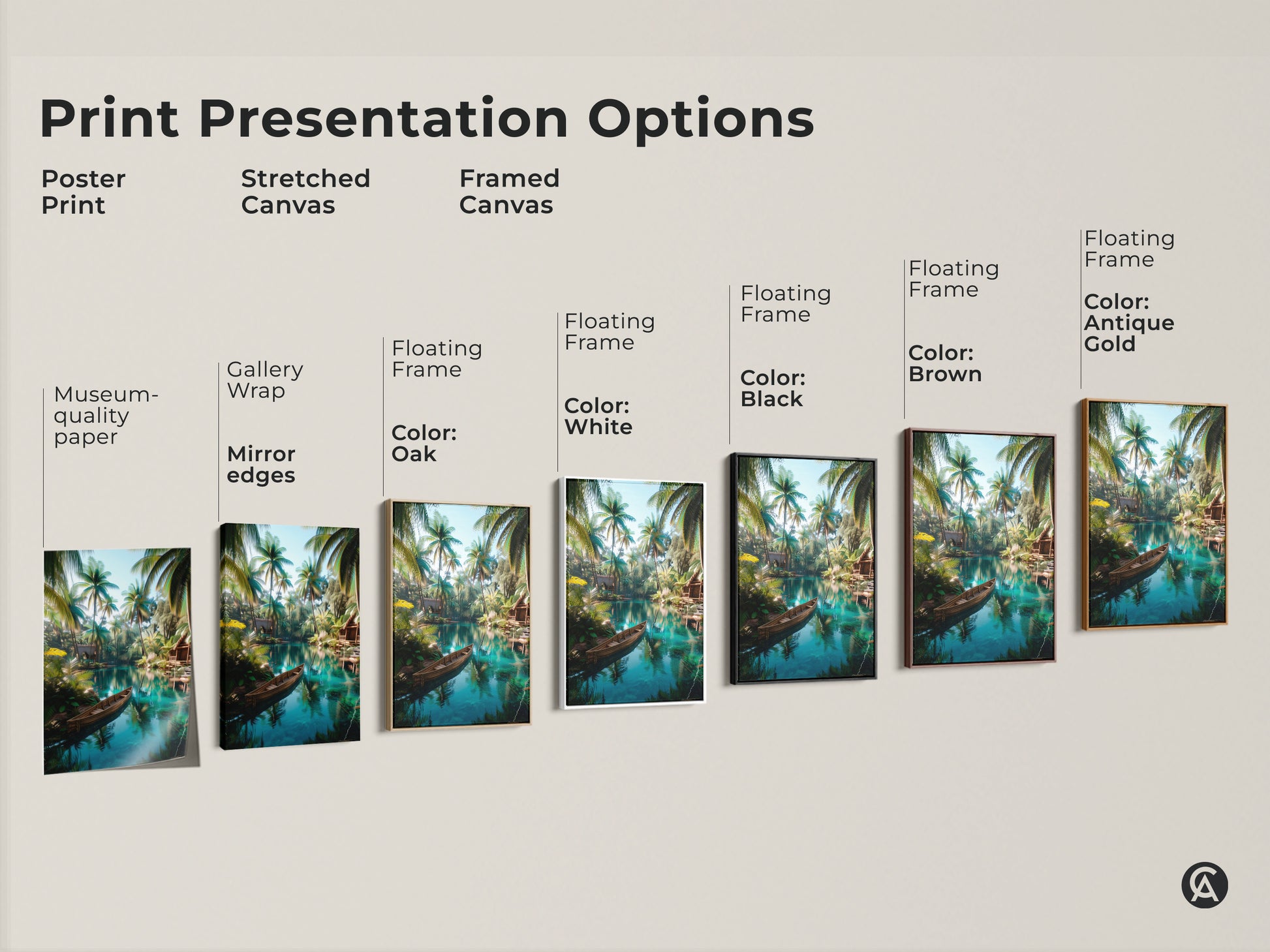 Explore print presentation options for tropical lagoon artwork including poster prints stretched canvas and framed canvas. Each option highlights the serene beauty of palm trees and clear waters. Choose the perfect style to bring this tropical escape into your home. Elevate your space with tranquil artwork.