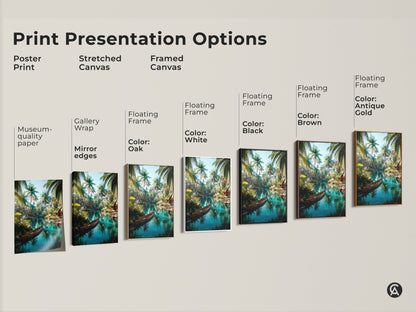 Explore print presentation options for tropical lagoon artwork including poster prints stretched canvas and framed canvas. Each option highlights the serene beauty of palm trees and clear waters. Choose the perfect style to bring this tropical escape into your home. Elevate your space with tranquil artwork.