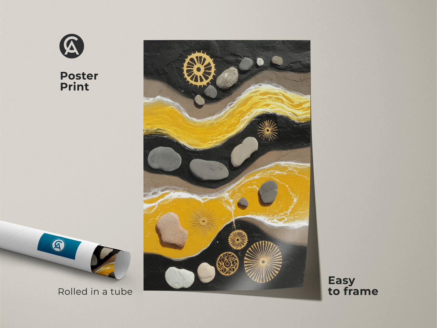 Poster print of a yellow and black abstract. It is an easy-to-frame artwork with pebble and gear elements. Ideal for a home office or as a housewarming present. The modern piece is rolled in a tube.