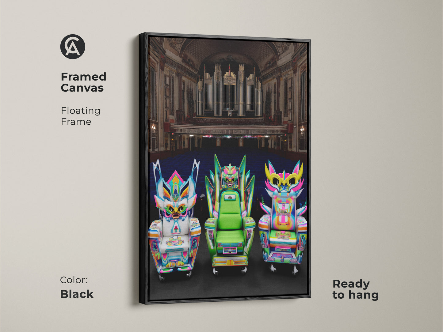 Framed canvas with floating frame of cyberpunk fantasy chair artwork in black. Ready to hang wall art adds a theatrical setting to any room. Neon pink and electric blue hues create a pop surrealism twist. The perfect gift for fantasy fans.