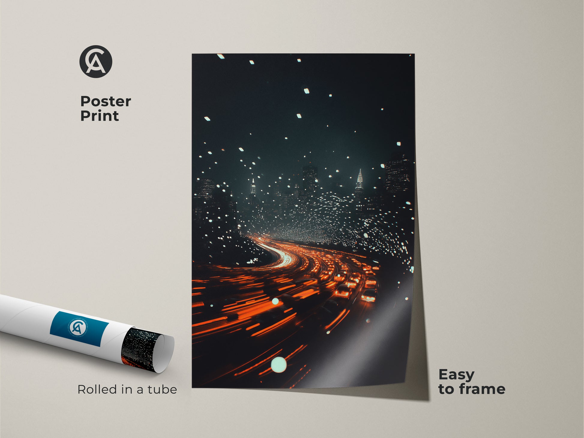 Poster Print showing a light painting technique of a cityscape at night. This museum-quality paper is easy to frame. Orange red blue artwork brings energy to your home. Abstract urban landscape adds an artistic touch to any room.