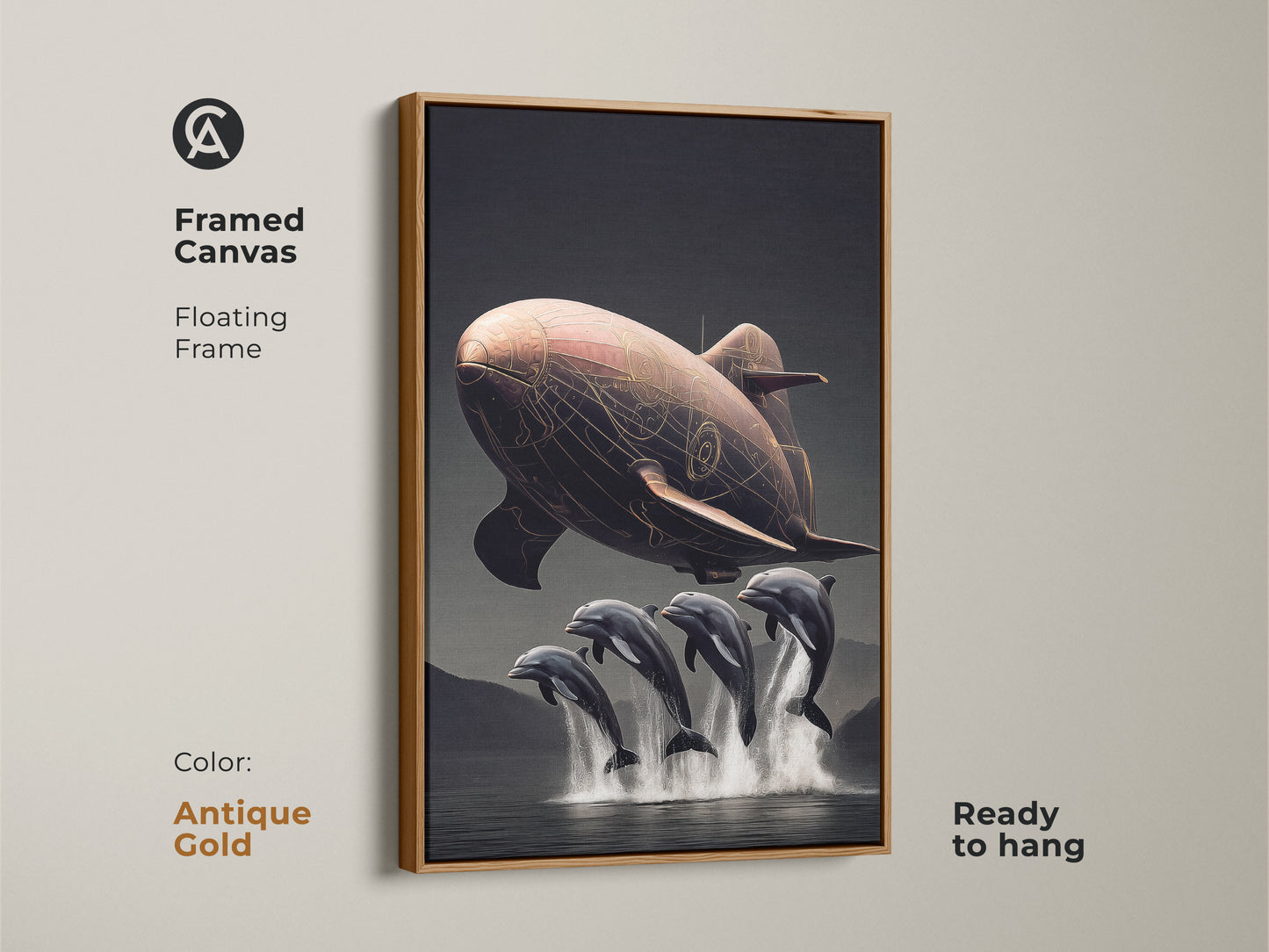 Framed canvas art showcasing a steampunk airship and dolphins. The surreal fantasy artwork has a white floating frame. Ready to hang this copper brown artwork is perfect as eclectic office decor. Inspire adventure with this art.