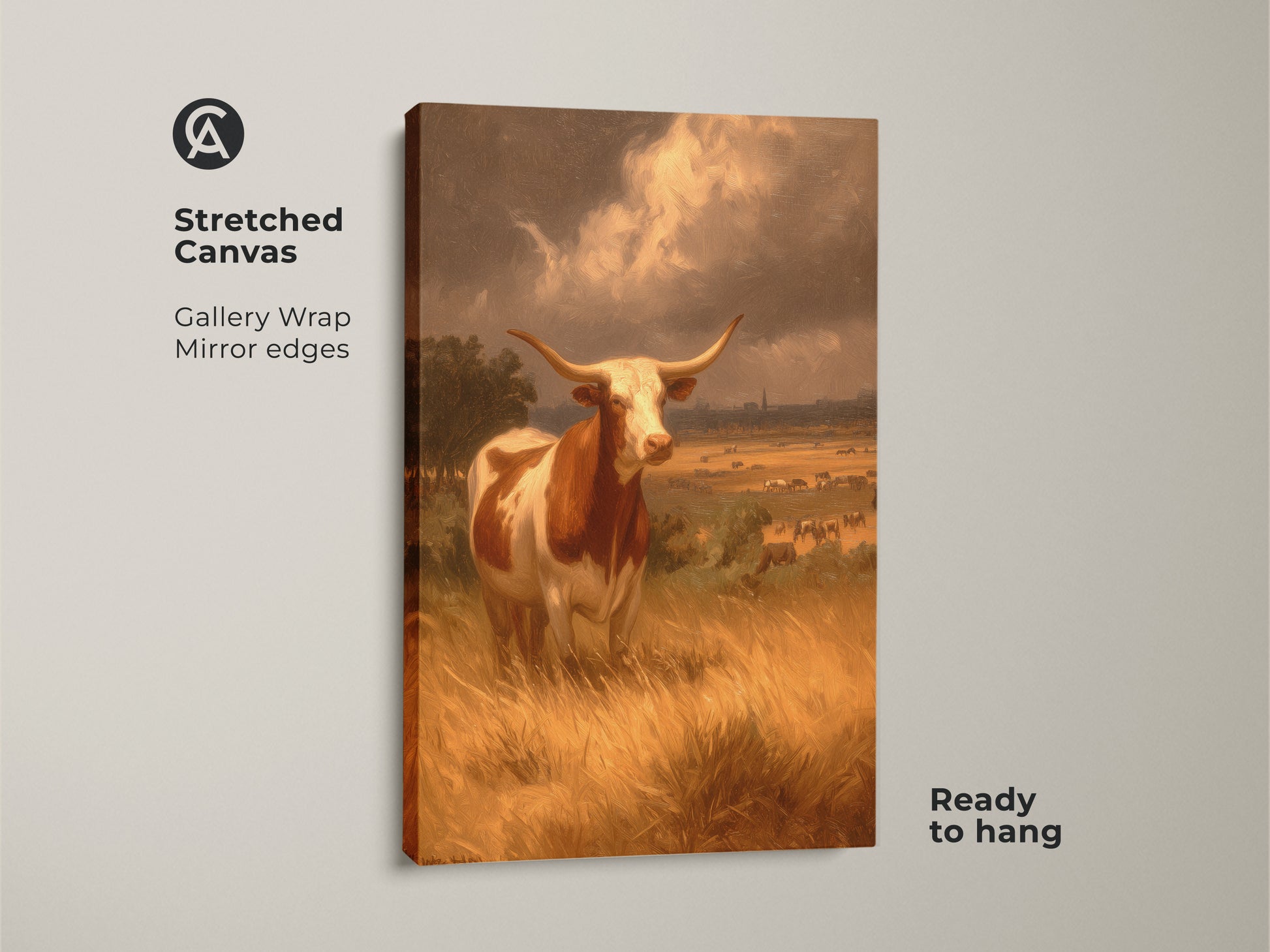 This stretched canvas artwork showcases a Longhorn in a pastoral setting. The gallery wrap and mirror edges provide a modern touch. It's ready to hang. The warm tones and detailed brushwork capture the essence of rural America. A stunning focal point for any room.