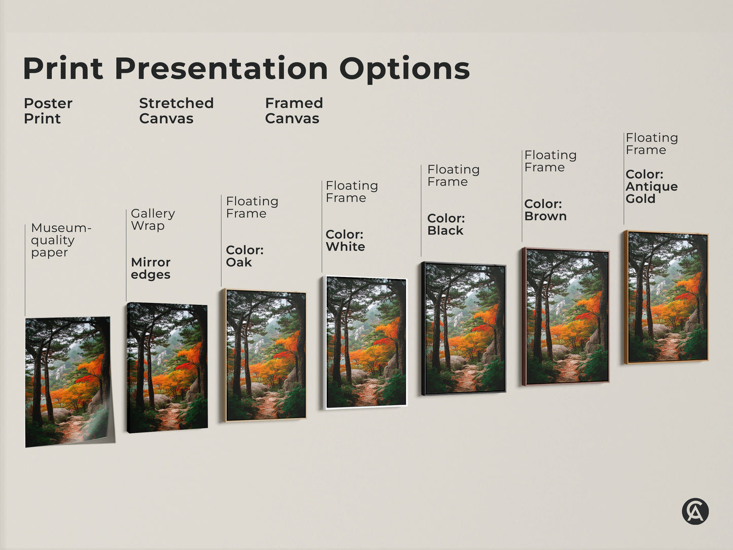 Explore our print presentation options. Choose from poster prints stretched canvas and framed canvas. Each format showcases the stunning autumn mountain landscape art. Find the perfect style for your space today.