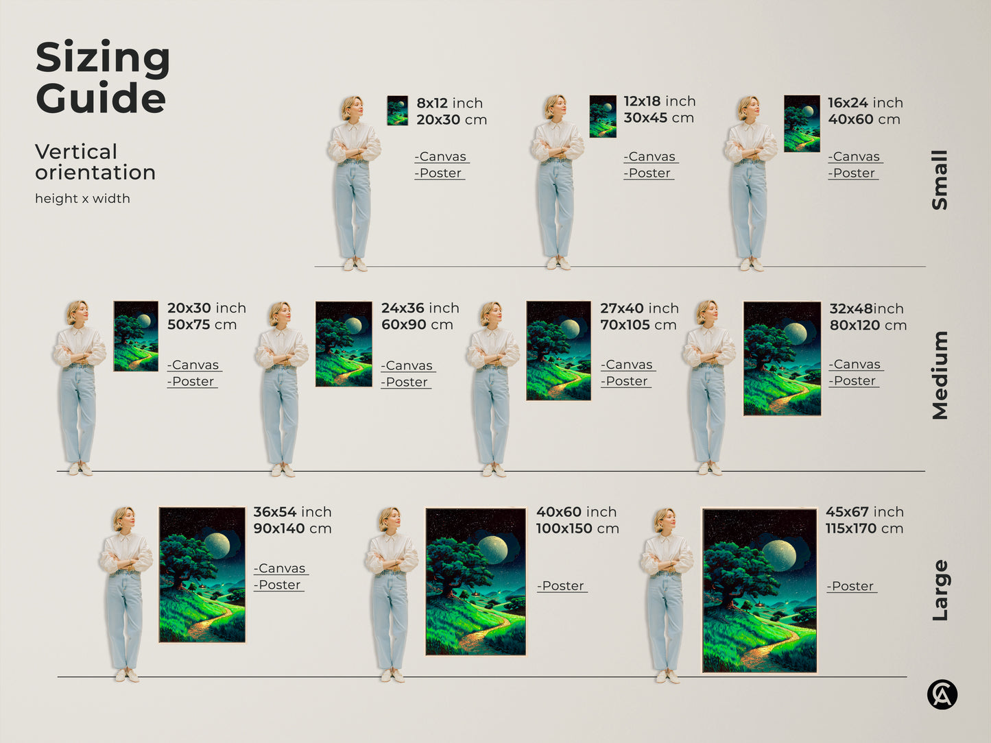Sizing guide for vertical moonlit tree artwork. Displayed are small medium and large canvas and poster print. Fantasy nature wall decor to meet your requirements.