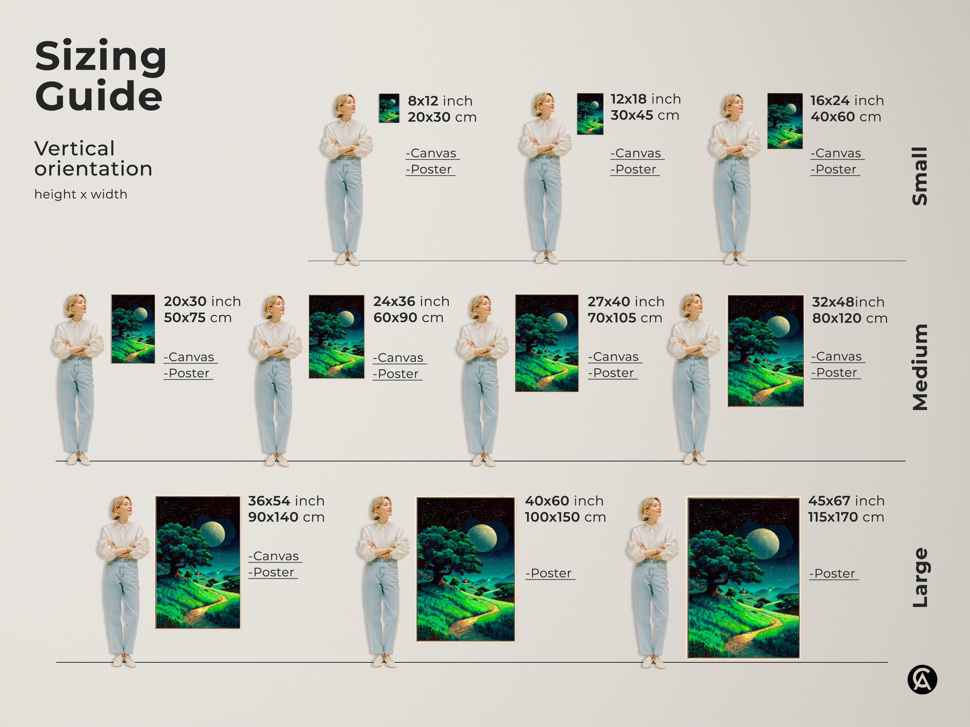 Sizing guide for vertical moonlit tree artwork. Displayed are small medium and large canvas and poster print. Fantasy nature wall decor to meet your requirements.