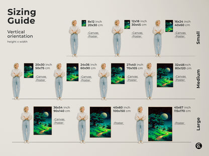 Sizing guide for vertical moonlit tree artwork. Displayed are small medium and large canvas and poster print. Fantasy nature wall decor to meet your requirements.