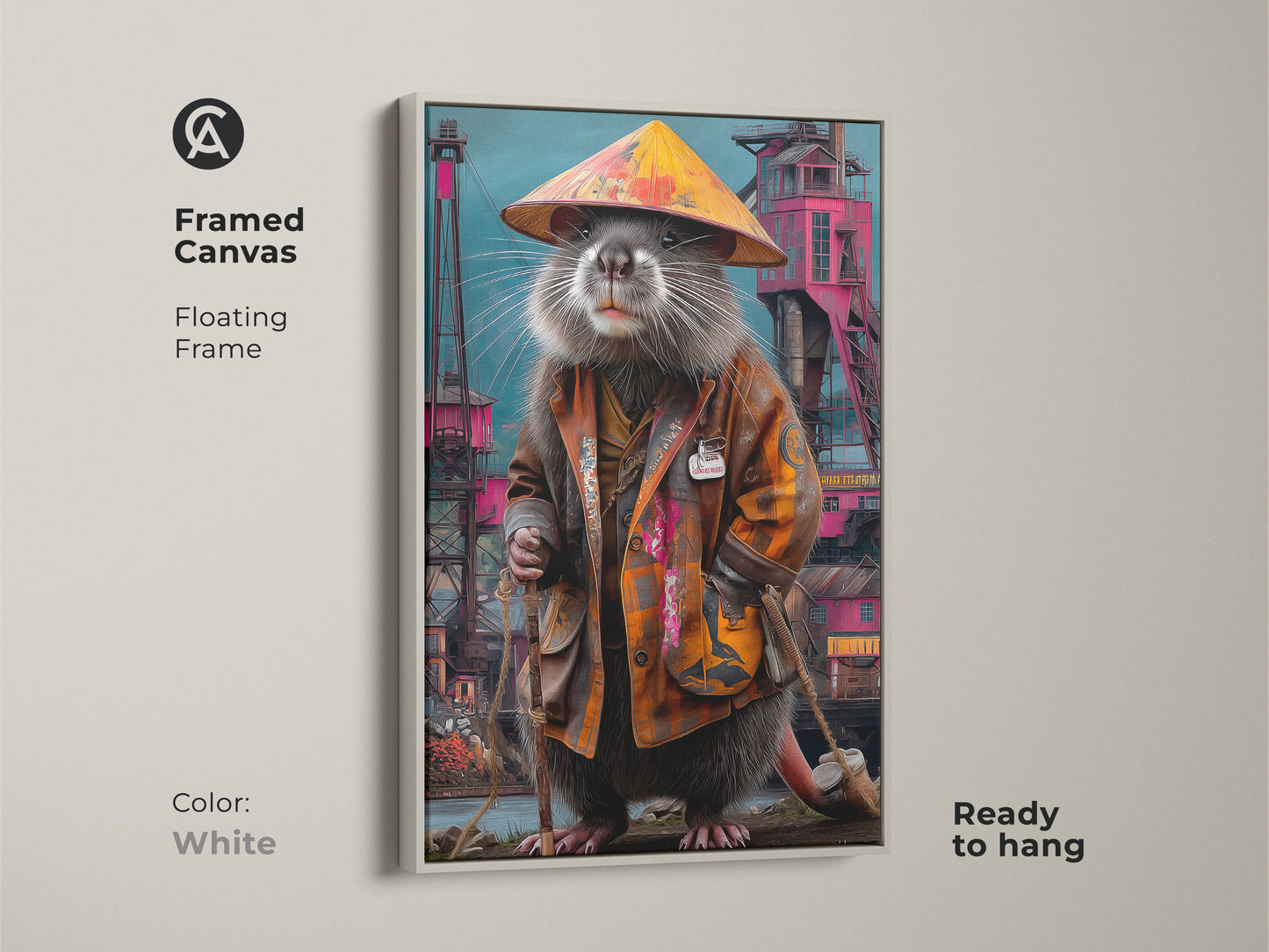 Framed canvas with a floating frame shows the surreal rat king artwork. The white frame enhances the eclectic animal art. This ready to hang piece will add character to any room. It has an orange teal color palette.