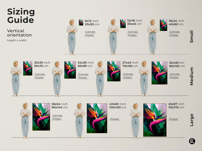Sizing guide for vertical Bird of Paradise artwork. See how different sizes of canvas and poster prints look in a room. Find the perfect fit for your boho botanical decor.