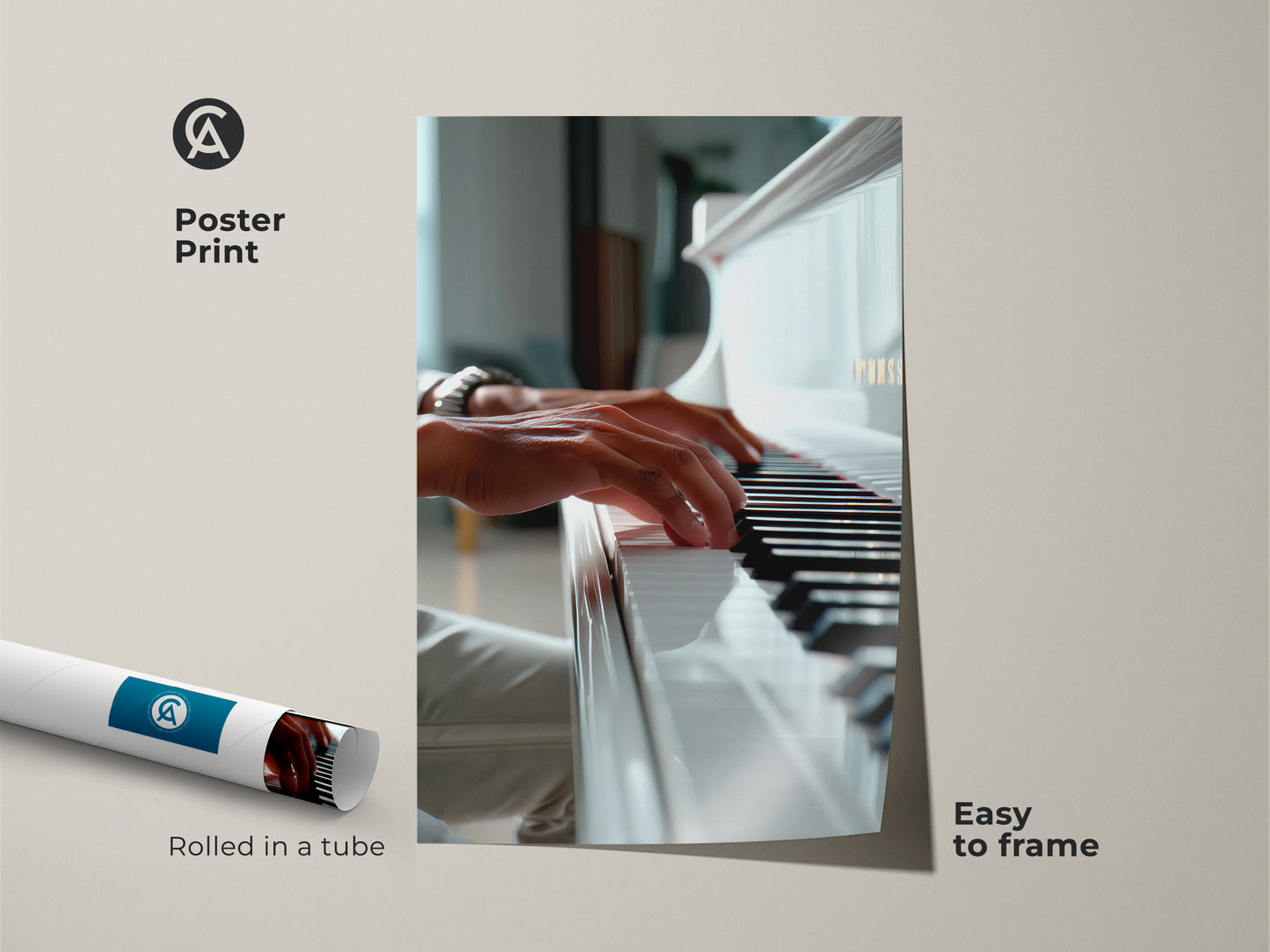 Piano poster print rolled in a tube. The art shows a close-up of hands playing a white grand piano. Easy to frame and display. A perfect gift for musicians. Enhance your home decor with this musical piece. Purchase now