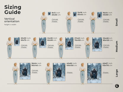 Sizing guide for bison artwork. Vertical orientation available in various sizes. Options include canvas and poster prints. Find the perfect fit for your space. Transform your home with stunning wildlife art. Choose the ideal size to complement your decor.