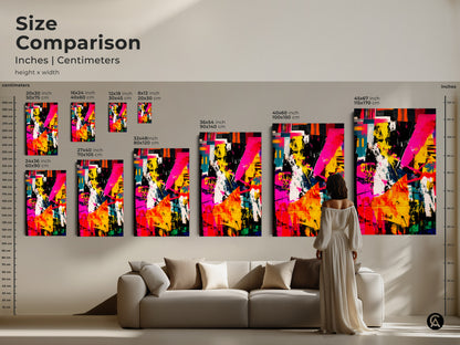 Size comparison of abstract art prints in inches and centimeters. See how different sizes fit in a living room setting. Choose from various dimensions to complement your home decor.