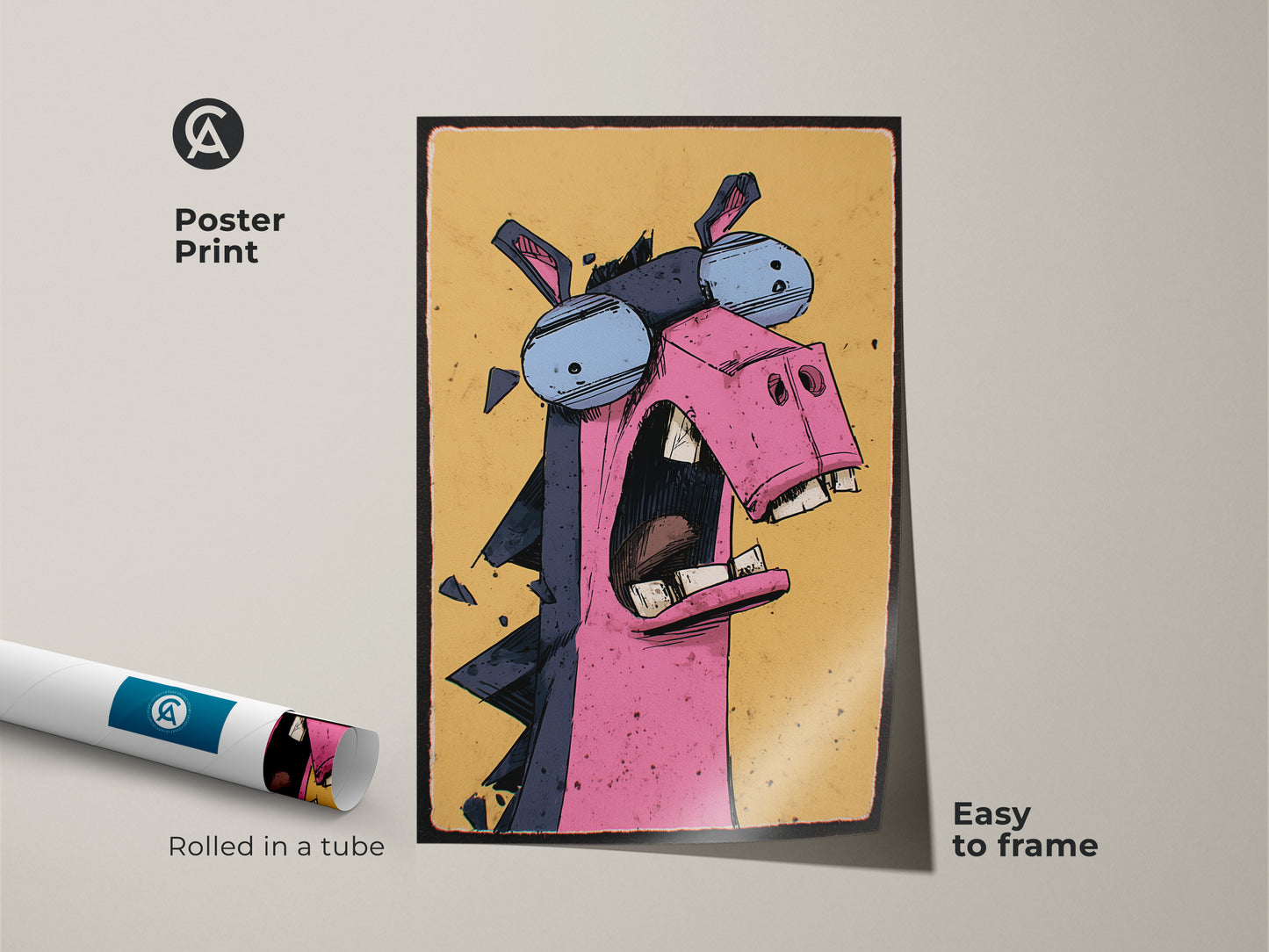 A rolled poster print displays a funny donkey wall art. The animal cartoon art is easy to frame. This pink yellow blue art print is great for children's wall decor. It's a unique animal gift ideal for playrooms or as a fun animal poster.