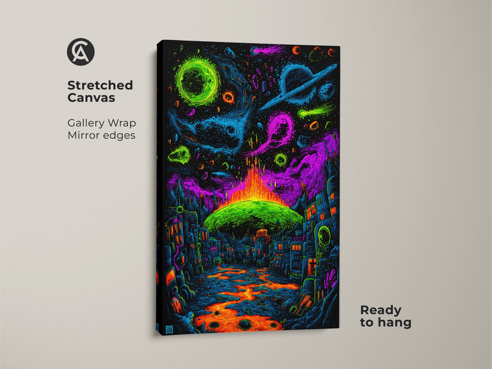Transform your space with this captivating stretched canvas artwork. The gallery wrap showcases a neon city and cosmic planets with mirror edges. A lava river runs through the city. Ready to hang this unique piece will elevate your home decor.