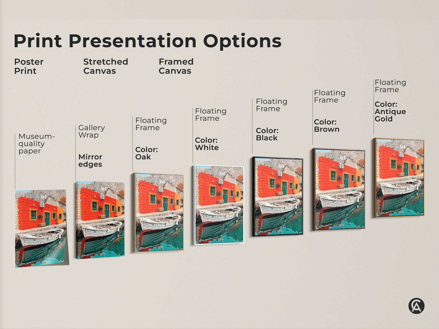 Explore print presentation options with this Mediterranean coastal art. Visualize posters stretched canvases and framed canvases. The orange teal art features a boat creating a vibrant scene.