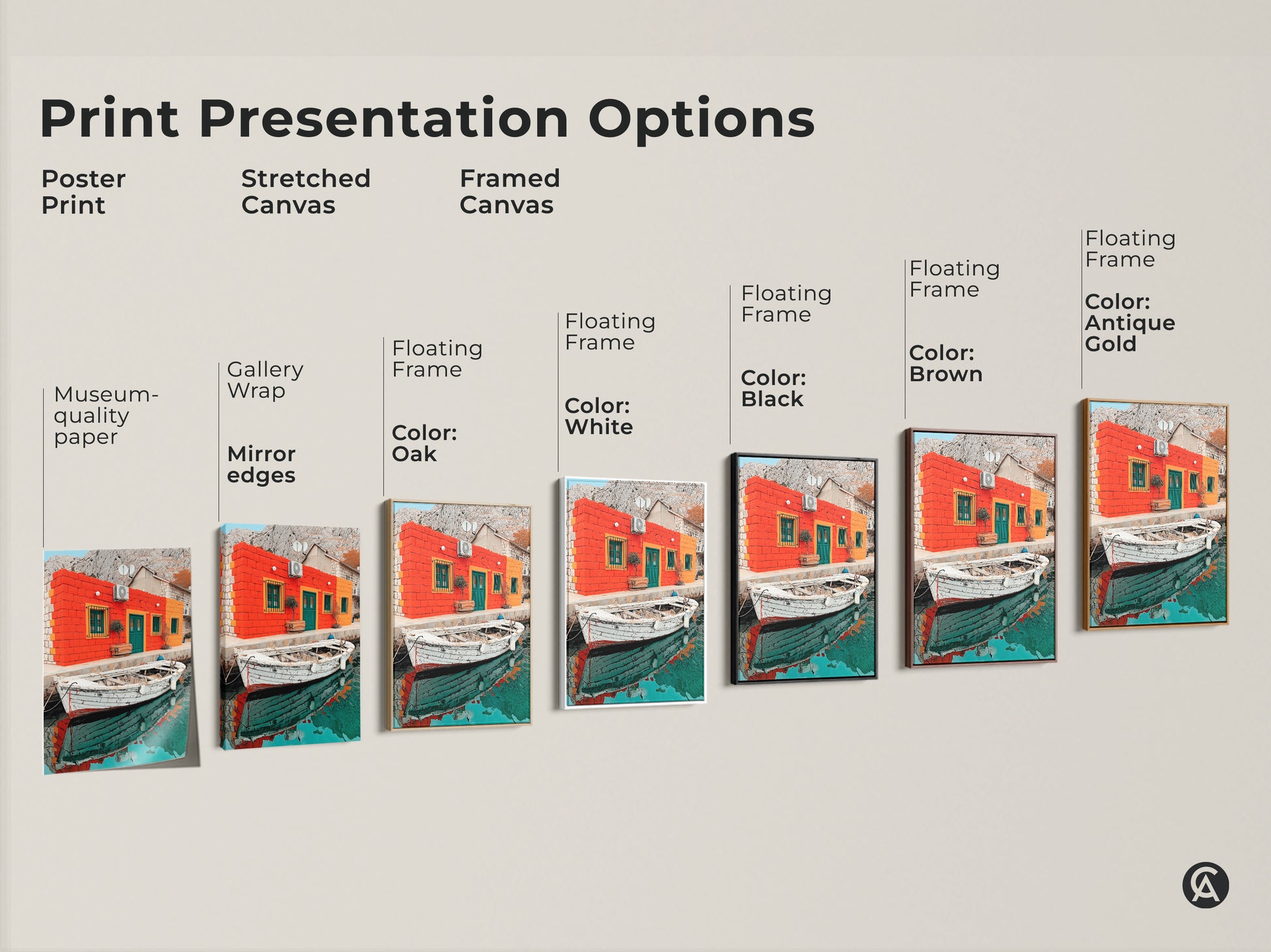Explore print presentation options with this Mediterranean coastal art. Visualize posters stretched canvases and framed canvases. The orange teal art features a boat creating a vibrant scene.