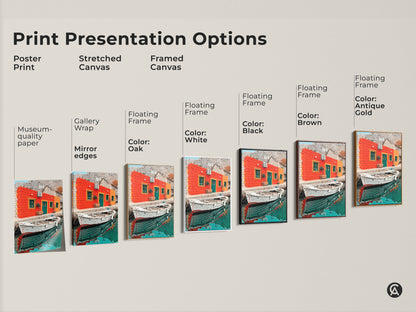 Explore print presentation options with this Mediterranean coastal art. Visualize posters stretched canvases and framed canvases. The orange teal art features a boat creating a vibrant scene.