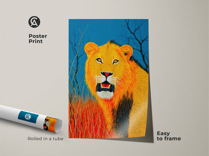 Poster Print of a Golden Yellow Lion. This African Lion Wall artwork is easy to frame. The deep blue contrasts beautifully with the wildlife canvas. Rolled in a tube this makes a great birthday gift for lion and animal lovers or for nature-inspired decor.
