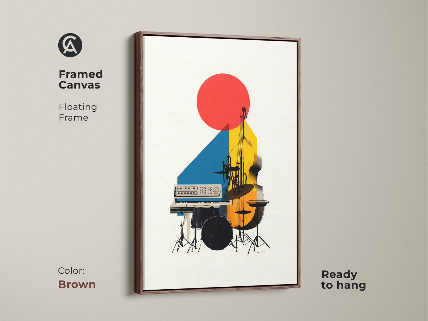 Framed canvas with a brown floating frame featuring abstract geometric art. This modern music canvas print displays a double bass and synth in red yellow and blue geometric shapes. It is ready to hang.