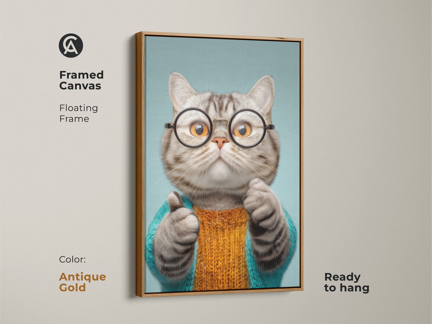 Framed canvas of a quirky cat art print. This floating frame features a funny cat wearing glasses and a teal sweater. This eclectic animal wall art is ready to hang. The antique gold frame adds elegance to the orange and teal cat artwork. This pet portrait wall decor brings sophistication.