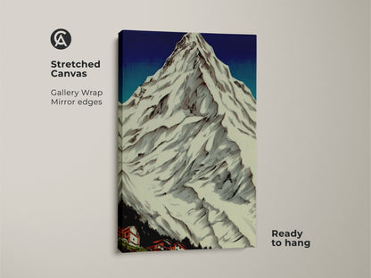 Stretched Canvas print of Snowy Peaks Landscape Art. The gallery wrap gives a rustic appearance. This vintage mountain print is ready to hang. It is ideal for cozy home art and can serve as a housewarming gift for outdoor enthusiasts.