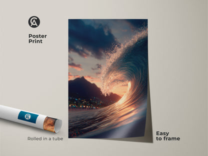 Poster print of a stunning ocean wave at sunset. This high-quality wave art is easy to frame. The poster is rolled in a tube for protection. This wave art brings the ocean's beauty to your walls. Order yours today.