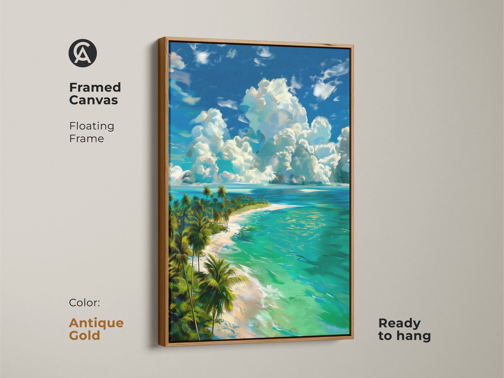 Framed canvas of a tropical island beach with an antique gold floating frame. This ready-to-hang artwork brings a tropical paradise to your walls with turquoise waters white sand and palm trees under a cloudy sky. Perfect for coastal-themed decor.