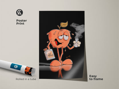 This poster print features a fun apple character enjoying a smoking drink. The art includes a bottle labeled "efile". It arrives rolled in a tube making it easy to frame. Add a playful touch to your walls with this unique fruit illustration.