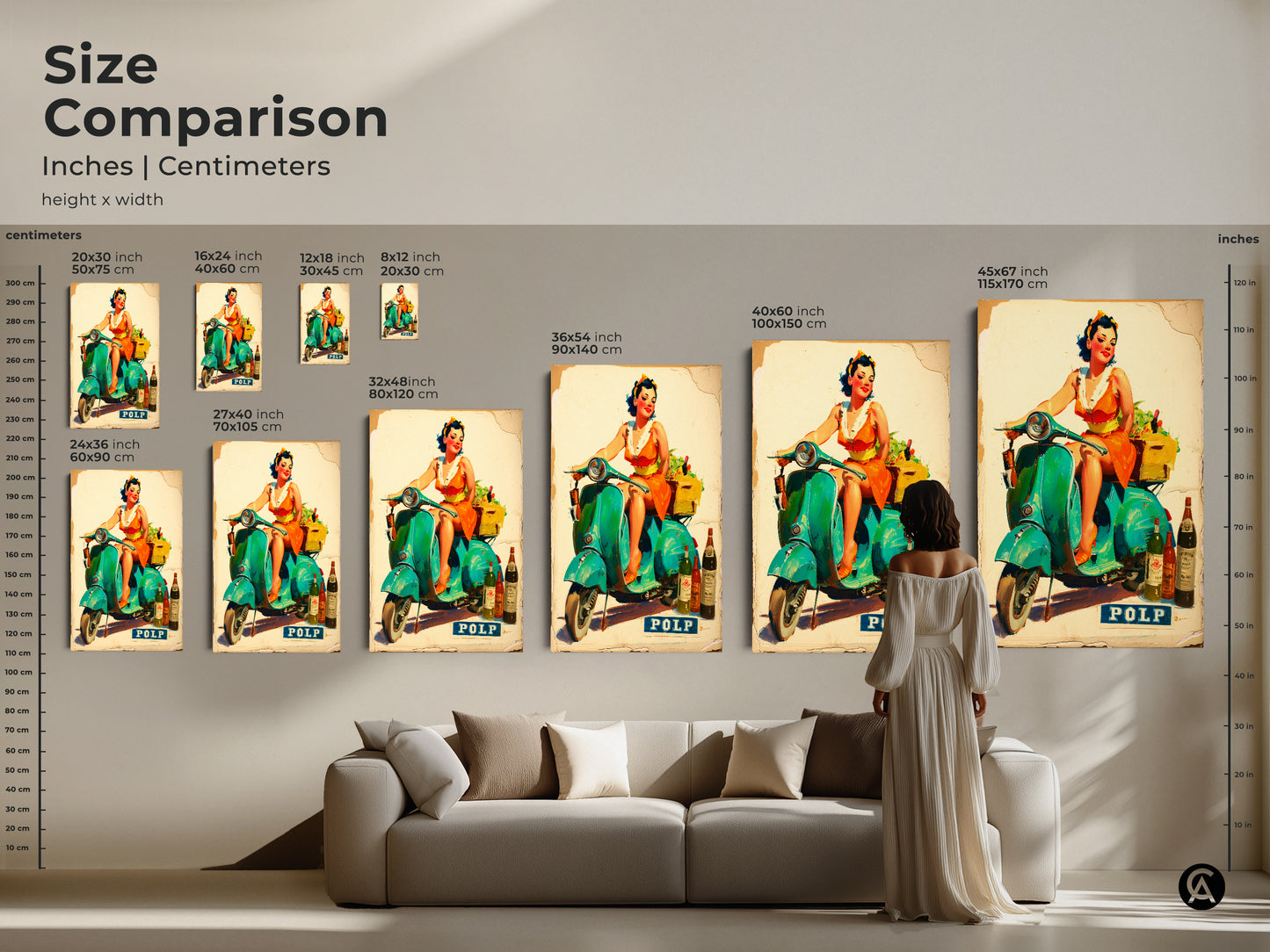Size comparison of artwork featuring a woman on a Vespa scooter. See how different sizes of canvas and poster prints fit in a living room setting. This artwork adds a touch of vintage charm and vibrant color to your home decor.
