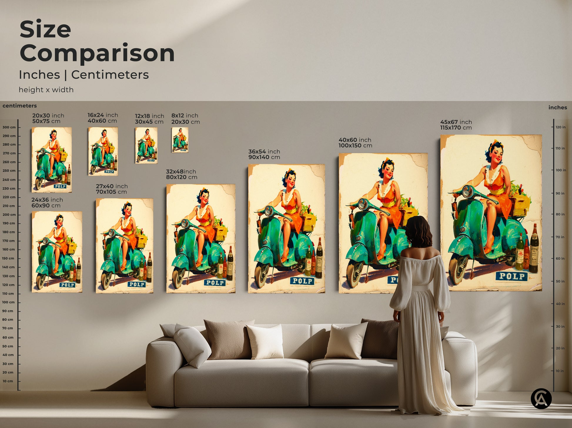Size comparison of artwork featuring a woman on a Vespa scooter. See how different sizes of canvas and poster prints fit in a living room setting. This artwork adds a touch of vintage charm and vibrant color to your home decor.