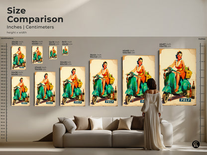 Size comparison of artwork featuring a woman on a Vespa scooter. See how different sizes of canvas and poster prints fit in a living room setting. This artwork adds a touch of vintage charm and vibrant color to your home decor.