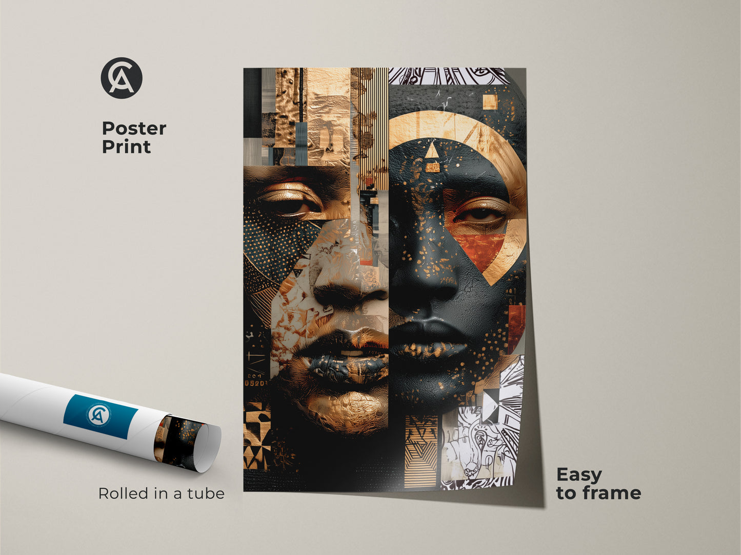Poster print of a gold black portrait canvas. The contemporary geometric art features an abstract face. This eclectic home decor print is easy to frame. Rolled in a tube for protection. Museum-quality paper ensures rich detail.