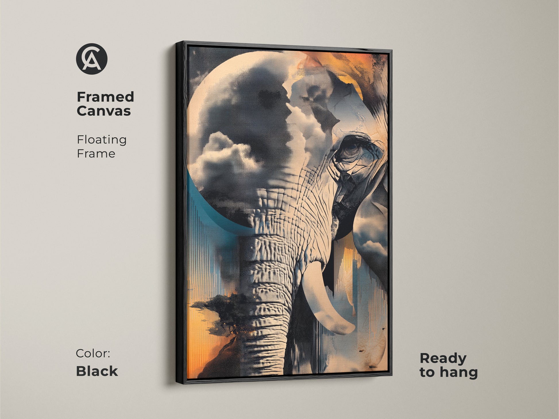 Framed canvas art of a surreal elephant in a black floating frame. The abstract animal art combines teal blue and orange tones. This eclectic home decor piece with a nature cloudscape is ready to hang. A unique animal lover gift for modern offices. Enhance your living space with this cool artwork.