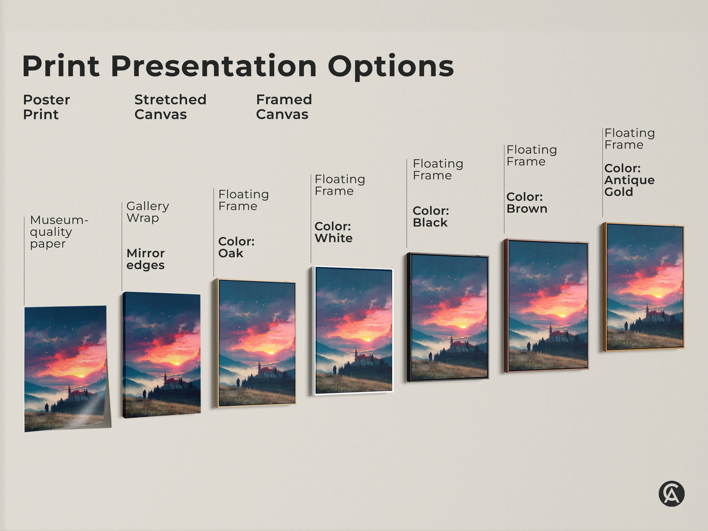 Explore print presentation options for this sunset landscape artwork. Choose from poster prints stretched canvases and framed canvases. Various frame colors are available. Find the perfect style to complement your space and taste.